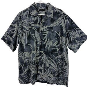 Sea Island Silk Tropical Hawaiian Shirt Large Gray Leaf Print Mens Short Sleeve